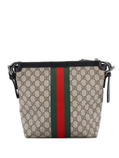 Pre-owned Gucci Web Messenger Bag Gg Coated Canvas Small Crossbody Bag In Black