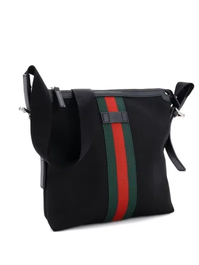 Pre-owned Gucci Web Messenger Bag Techno Canvas Medium Crossbody Bag In Black
