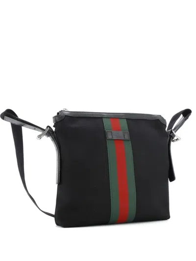 Pre-owned Gucci Web Messenger Bag Techno Canvas Medium Crossbody Bag In Black