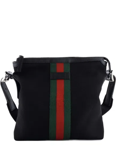 Pre-owned Gucci Web Messenger Bag Techno Canvas Medium Crossbody Bag In Black