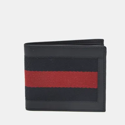 Pre-owned Gucci Web Navy Blue Canvas And Leather Bifold Wallet