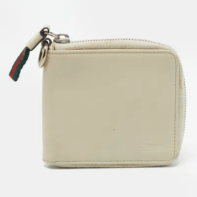 Pre-owned Gucci Web Off White Leather Zip Around Wallet