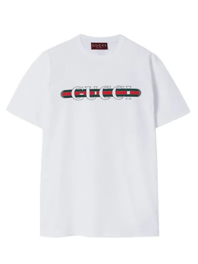 Gucci Web Print Crewneck Mini Short Sleeve Dropped Shoulder T-shirt In White