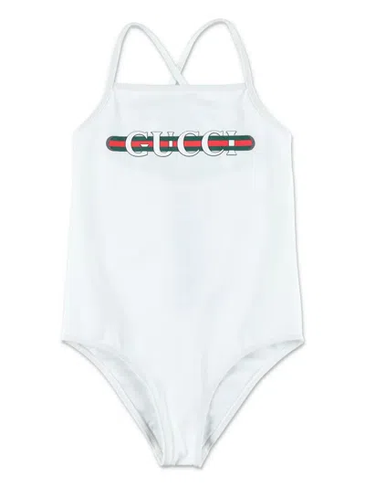 Gucci Kids' Web-print Swimsuit In White