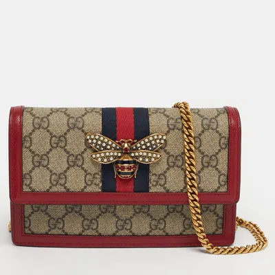 Pre-owned Gucci Web Queen Margaret Red/beige Gg Supreme Canvas Wallet On Chain