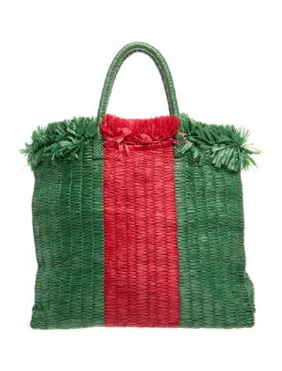 Pre-owned Gucci Web Raffia Web Cestino Tote In Green/red