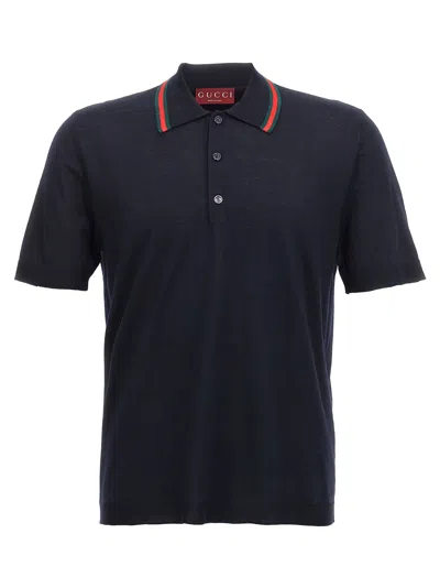 Gucci Web Ribbon Collar Polo Shirt In Black