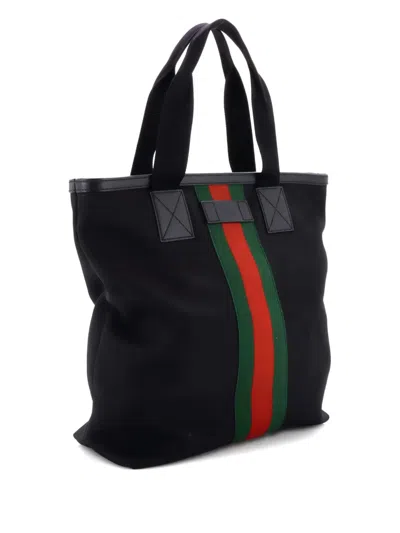 Pre-owned Gucci Web Shopping Techno Canvas Large Tote Bag In Black