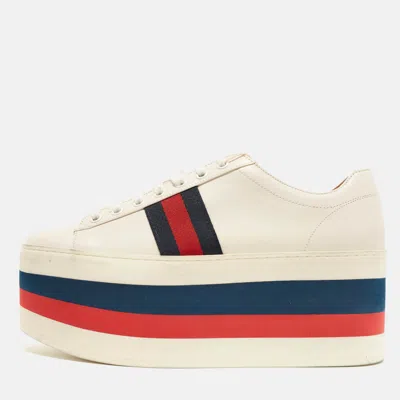 Pre-owned Gucci Web Size 38 White Leather Peggy Platform Lace Up Sneakers