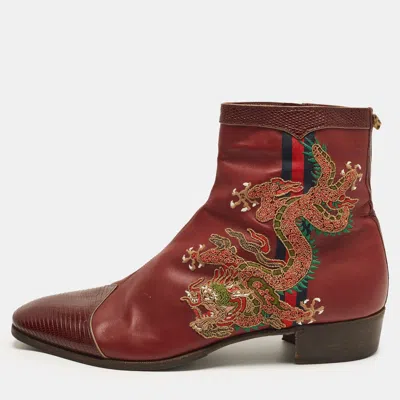 Pre-owned Gucci Web Size 45 Burgundy Leather And Lizard Embossed Leather Chelsea Boots