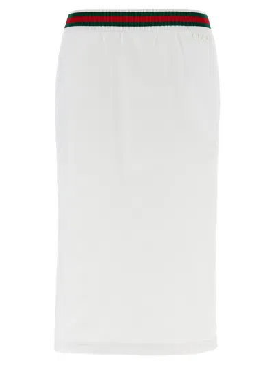 Gucci White Skirt With Web Detail On The Waist And Logo Lettering Embroidery On The Front In Cotton Woman