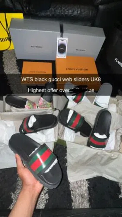 Pre-owned Gucci Web Slides Uk8 In Black