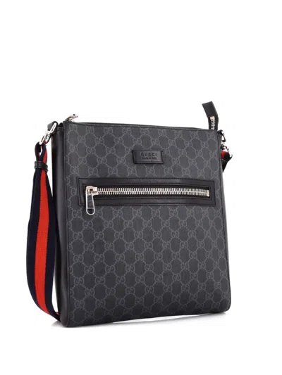Pre-owned Gucci Web Strap Front Zip Messenger Bag Gg Coated Canvas Medium Crossbody Bag In Black