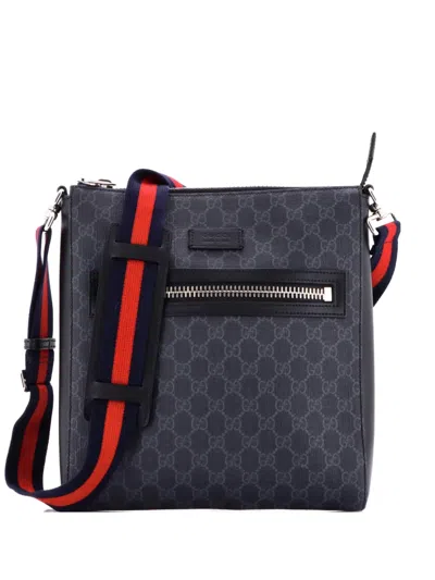 Pre-owned Gucci Web Strap Front Zip Messenger Bag Gg Coated Canvas Medium Crossbody Bag In Black