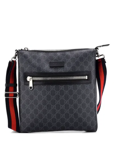 Pre-owned Gucci Web Strap Front Zip Messenger Bag Gg Coated Canvas Medium Crossbody Bag In Black