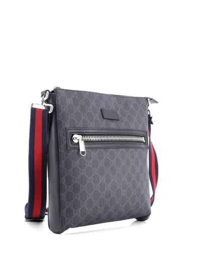 Pre-owned Gucci Web Strap Front Zip Messenger Bag Gg Coated Canvas Medium Crossbody Bag In Black