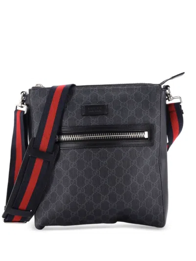 Pre-owned Gucci Web Strap Front Zip Messenger Bag Gg Coated Canvas Medium Crossbody Bag In Black