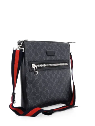 Pre-owned Gucci Web Strap Front Zip Messenger Bag Gg Coated Canvas Medium Crossbody Bag In Black