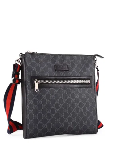 Pre-owned Gucci Web Strap Front Zip Messenger Bag Gg Coated Canvas Medium Crossbody Bag In Black