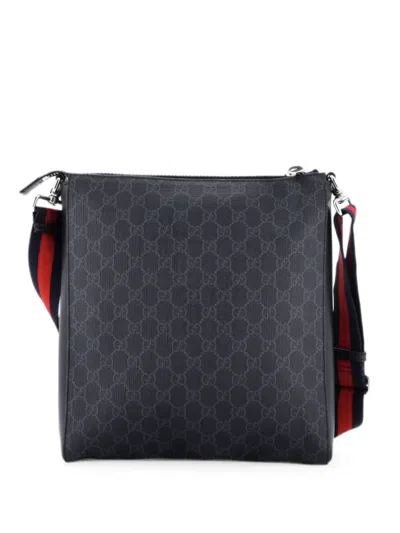 Pre-owned Gucci Web Strap Front Zip Messenger Bag Gg Coated Canvas Medium Crossbody Bag In Black