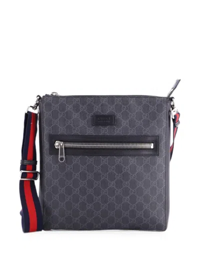 Pre-owned Gucci Web Strap Front Zip Messenger Bag Gg Coated Canvas Medium Crossbody Bag In Black
