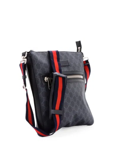 Pre-owned Gucci Web Strap Front Zip Messenger Bag Gg Coated Canvas Medium Crossbody Bag In Black