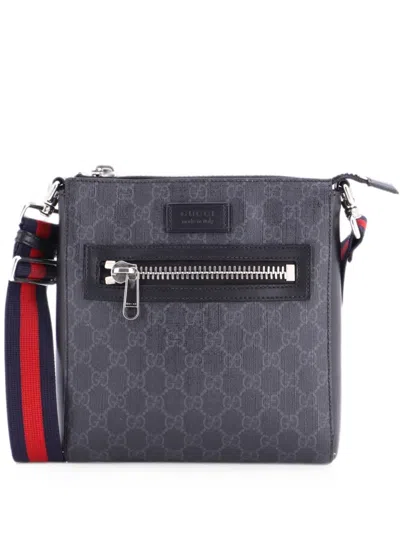 Pre-owned Gucci Web Strap Front Zip Messenger Bag Gg Coated Canvas Small Crossbody Bag In Black
