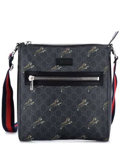 Gucci Web Strap Front Zip Messenger Bag Printed Gg Coated Canvas Medium  (authentic Pre-loved) In Black