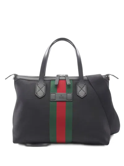 Pre-owned Gucci Web-stripe Canvas Tote Bag In Black