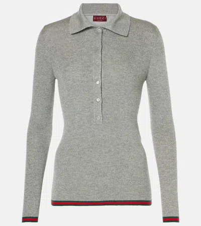 Gucci Web Stripe Cashmere-blend Polo Sweater In Grey