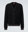 Gucci Crochet Cardigan With V Neck And Striped Hem In Black