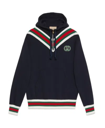 Gucci Web-stripe Cotton Hoodie In Blue
