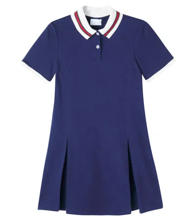 Gucci Kids' Web Stripe Cotton Polo Dress In Blue