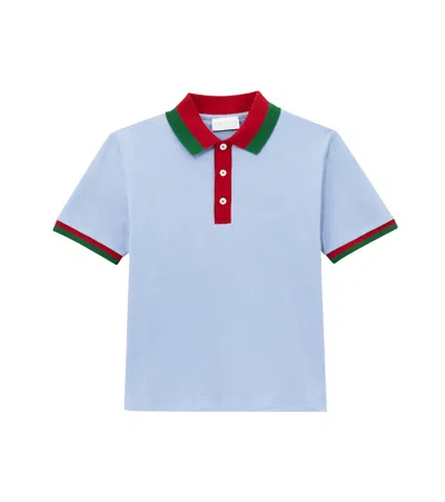 Gucci Kids' Web Stripe Cotton Polo Shirt In Blue