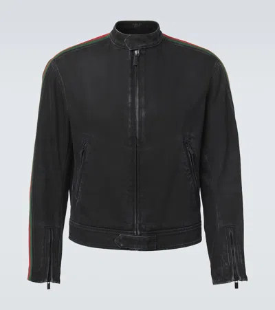 Gucci Biker Jacket In Cotton Denim With Web Ribbon In Black