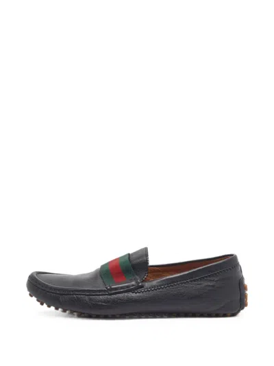 Pre-owned Gucci Web Stripe Driver Loafers In Black