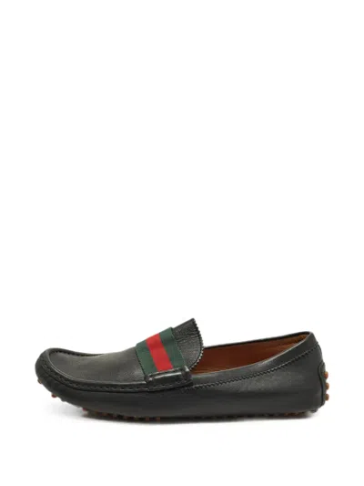 Pre-owned Gucci Web Stripe Driver Loafers In Black