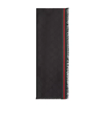 Gucci Web-stripe Frayed Scarf In Black