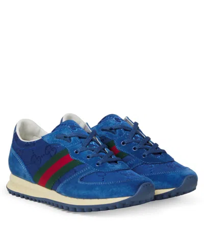 Gucci Kids' Web Stripe Gg Canvas And Suede Sneakers In Blue