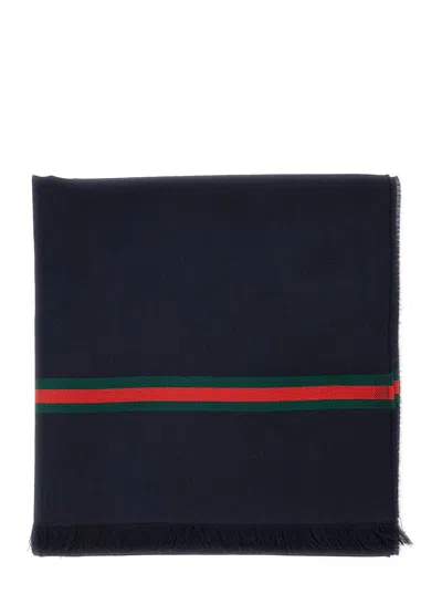 Gucci Web Stripe Gg Logo Silk Twill Scarf In Blue