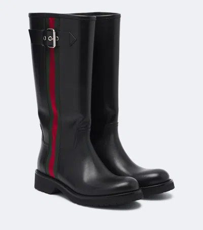 Gucci Web Stripe Leather Biker Boots In Black