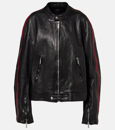 Gucci Web Stripe Leather Biker Jacket In Black