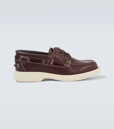 Gucci Web Stripe Leather Boat Shoes In Burgundy