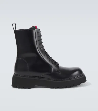 GUCCI WEB STRIPE LEATHER COMBAT BOOTS