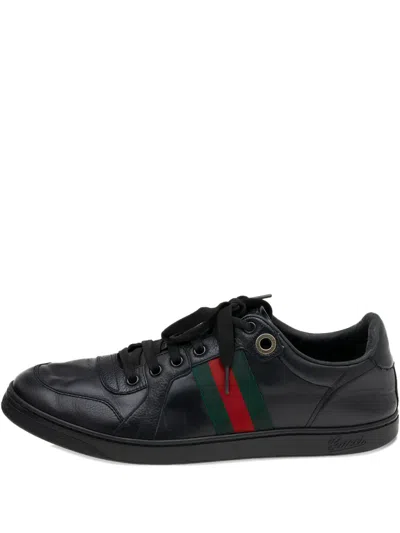 Pre-owned Gucci Web-stripe Leather Sneakers In Black
