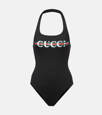 Gucci Web Stripe Logo Halterneck Swimsuit In Black