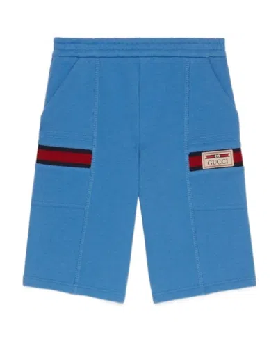 Gucci Web-stripe Logo-patch Cotton Shorts In Blue