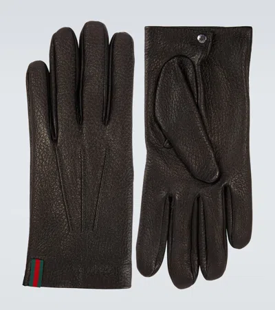 Gucci Web Stripe Leather Gloves In Black