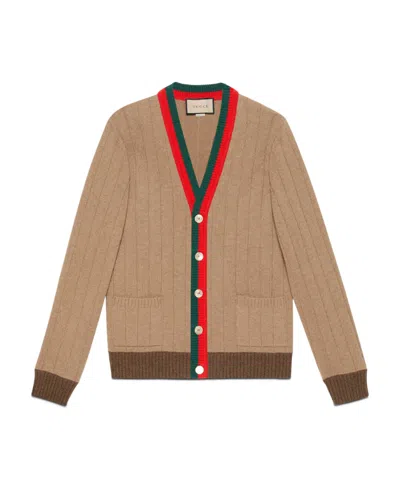 Gucci Web Stripe Ribbed-knit Cardigan In Nude