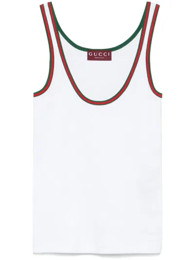 Gucci Women White Ribbed Top With Web Detail On The Edges In Cotton Woman